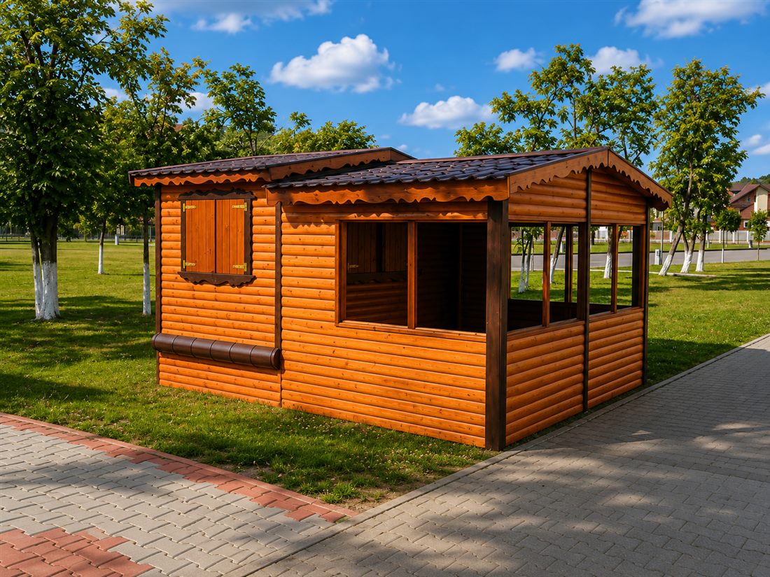 Stand mobil din lemn în parc