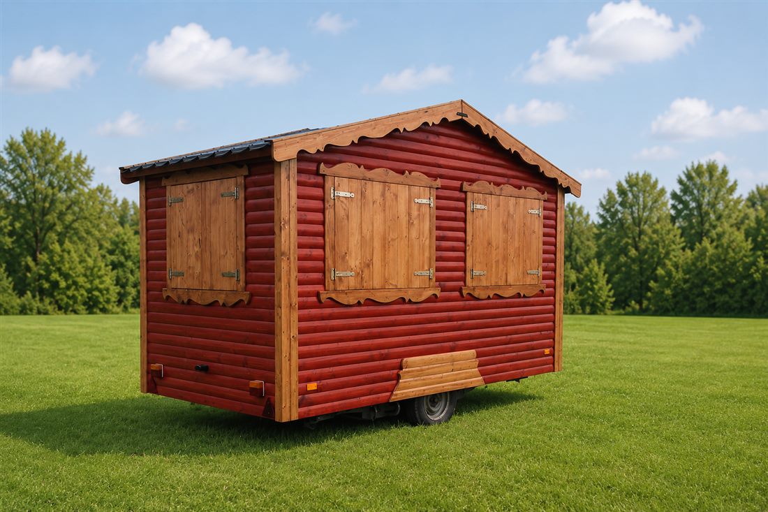 Stand mobil rustic văzut din față